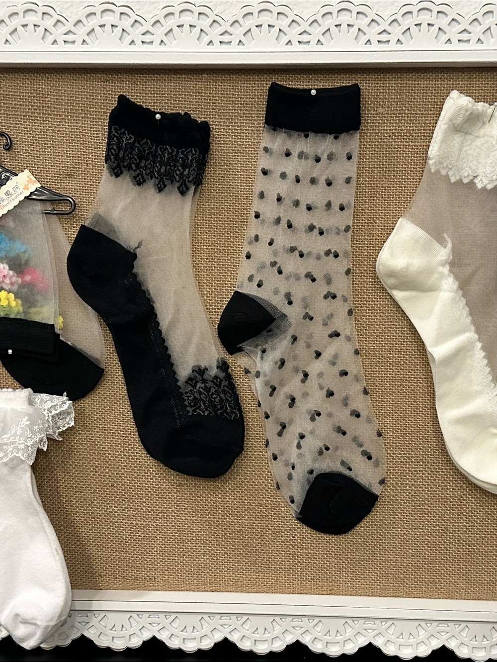 Sheer Black Polka Dot & Lace Ankle Socks - Pair
